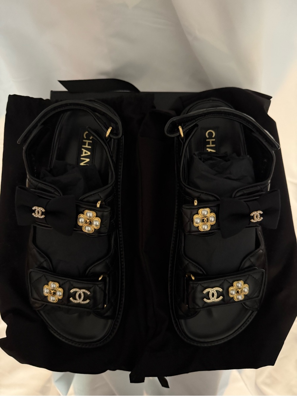 CHANEL Black Bow & Pearl Flower Embellished Sandals